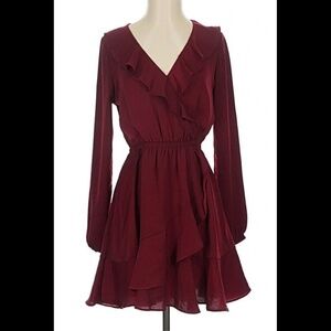 $78 Express Ruffle  Faux Wrap Mini Dress, M 6 8 Size Burgundy Red Color
